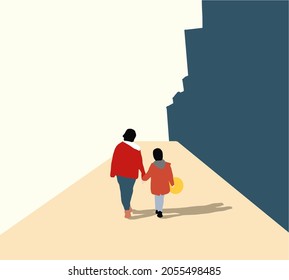 Girl walking with mother and holding yellow balloon in hand. Family having fun on street. Happy Woman's Day. Family parenthood concept. Vector illustration