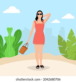 Girl walking on the beach wearing an orange shirt and sunglasses. Vector Illustration