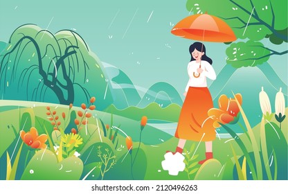 Girl walking on grass with umbrella on rainy day with plants and willows in background, vector illustration