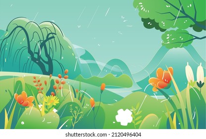 Mädchen, die am Regentag mit Regenschirm auf Gras spazieren gehen, mit Pflanzen und Weiden im Hintergrund, Vektorgrafik