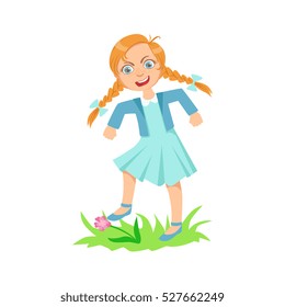 Girl Walking On Lawn Grass Breaking Flowers Teenage Bully Demonstrating Mischievous Uncontrollable Delinquent Behavior Cartoon Illustration