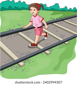 A girl walking on the railway track vector illustration