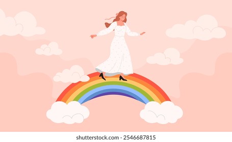 Niña caminando sobre el arco iris en las nubes, la salud mental, el bienestar y la paz de la mente. Mujer joven en el vestido blanco que se coloca en el arco iris para crear el buen rollo y la Ilustración vectorial positiva de la historieta del sentimiento