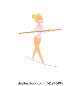 the girl is walking on the rope. the circus artist balances on a pole with a pole in his hands. vector