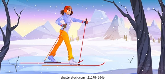 Girl walking on ski on snow. Vector cartoon illustration of winter landscape with mountains, snowy field, trees and woman with sticks skiing. Winter sport activity concept