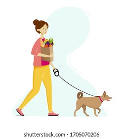 Girl walking on the street with a dog and paper bag after shopping in a grocery shop. Frehs fruits and vegetables. vector illustration.