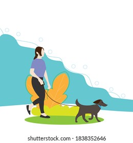 Girl walking on the street with a dog vector illustration