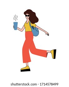 Girl walking on the street and drinking coffee or tea to go. Vector illustration.