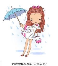 Girl walking on the street in the rain. Background on a separate layer, you can easily clean it up.
