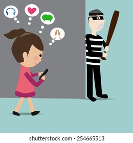 Girl walking on street use the smart-phone and the thief wait her on the corner 