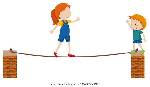 Girl walking on thin rope illustration