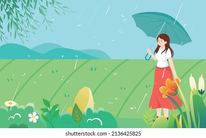 Mädchen, die draußen mit Regenschirm spazieren gehen am Regentag, Frühlingslandschaft auf dem Hintergrund, Vektorgrafik