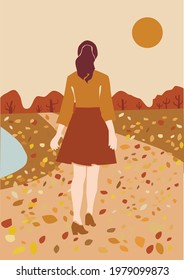 Girl walking in the park. Autumn landscape with leaves. 