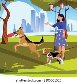 girl walking in the park with dogs