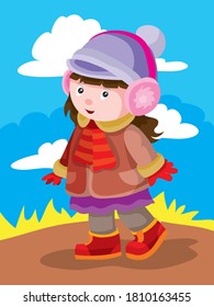 girl walking in the park in the park warmly dressed, cartoon illustration, vector illustration, eps