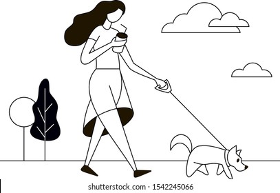 Girl Walking Pet Dog One Color Stock Vector (Royalty Free) 1542245066 ...