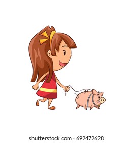 Girl walking pig