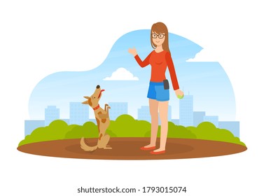 Girl Walking and Playing Ball with Dog in Park in Sunny Day, Summer Outdoor Activities with Pet Flat Vector Illustration