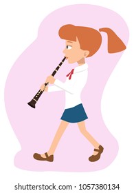 girl walking and playing clarinet, vector cartoon illustration in flat style