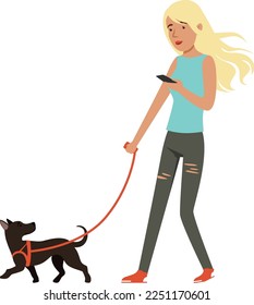 Girl walking with puppy. Funny cartoon dog owner