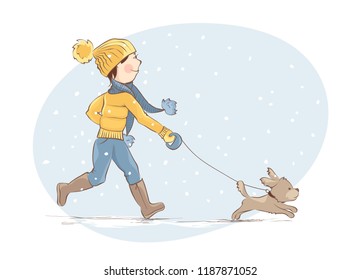 Girl walking a puppy / Young woman is engaged in jogging with a dog, winter vector illustration