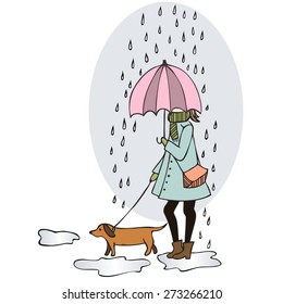 girl walking at rain with dog