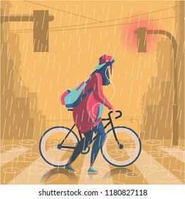 Girl walking in rain with her bike illustration