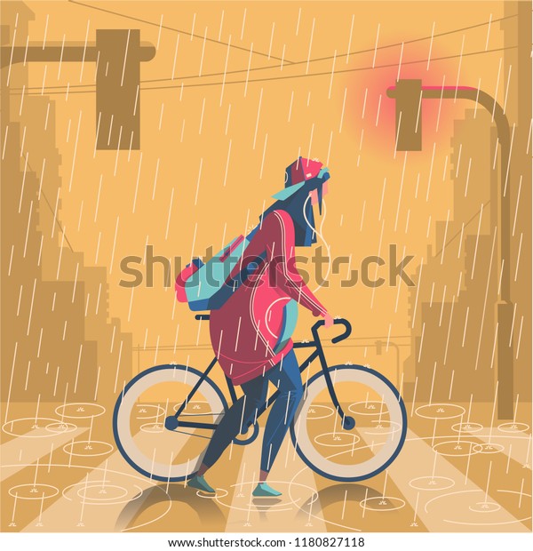 自転車のイラストを持って雨の中を歩く女の子 のベクター画像素材 ロイヤリティフリー