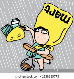 Girl Walking In Rainy Street Covered Her Head With Plastic Shopping Bag As Umbrella Concept Card Character illustration