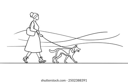 Girl walking with shepherd dog  continuous line art drawing isolated on white background. Vector illustration