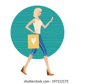 A girl walking with a shopping bad and holding a mobile phone in front of her. Shopping, sales. A young beautiful woman taking a photography of herself while walking.