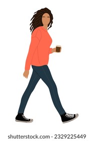 Girl walking side view. Modern woman wearing street fashion casual outfit, jeans and orange sweater with cup of coffee. Vector realistic illustration isolated on transparent background.