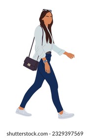 Girl walking side view. Modern young woman wearing street fashion casual outfit, jeans, white shirt, sneakers with hand bag. Vector realistic illustration isolated on white background