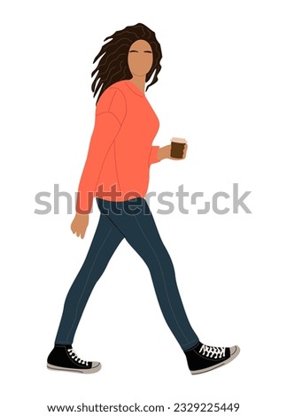 Girl walking side view. Modern woman wearing street fashion casual outfit, jeans and orange sweater with cup of coffee. Vector realistic illustration isolated on transparent background.