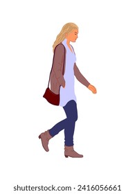 Girl walking side view portrait. Modern young woman wearing street fashion casual outfit with bag. Handmade drawing vector illustration isolated on white background