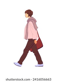 Girl walking side view portrait. Modern young woman wearing street fashion casual outfit with bag. Handmade drawing vector illustration isolated on white background