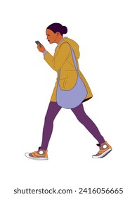Girl walking side view portrait. Modern young woman wearing street fashion casual outfit with bag. Handmade drawing vector illustration isolated on white background