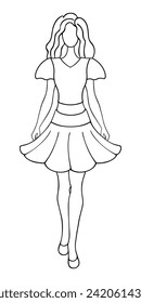 The girl is walking. Sketch. Vector illustration. Lady in a blouse with bell sleeves and a fluffy short flared skirt. Doodle style. Woman with wavy hair. Outline on isolated background. Coloring book 