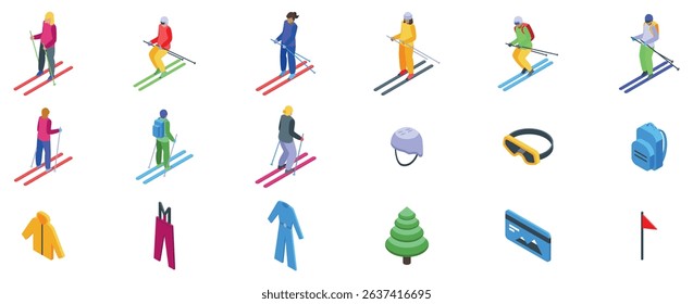 Girl walking ski icons set. People skiing downhill, wearing winter sportswear, using ski poles, and enjoying winter sports with various equipment and accessories
