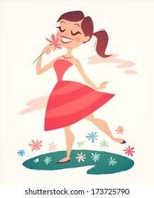 Girl is walking and smelling flowers. Vector illustration.