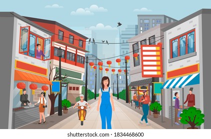 Girl walking at streets in chinese city. Walk in the chinese street with showcase trade shops. Buildings with lanterns ornaments on street in China town, fast food restaurants and gift shops