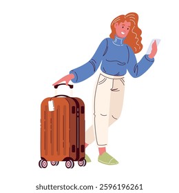 Girl walking with suitcase and mobile phone in hand. Young woman holding handle of plastic suitcase to carry. Travel, airport mascot, cartoon passenger with luggage vector illustration