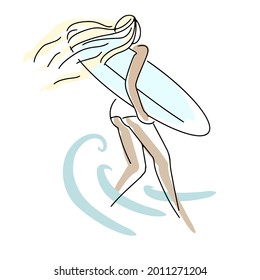 Girl walking with a surfboard, abstract line drawing with spots of pastel colors on the background