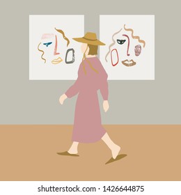 Girl walking through the art gallery. Abstract art exhibition. Female carton flat figure. Woman dressed in long dress pastel color, hat and mules. 