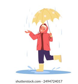 Chica caminando a través de charcos en la lluvia con el paraguas de lunares amarillos. Niño feliz en el impermeable rojo y botas de goma que sostienen la sombrilla mojada, jugando en Clima lluvioso con la sonrisa de la Ilustración vectorial de dibujos animados