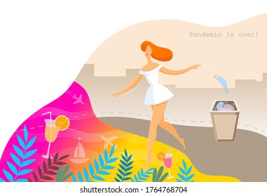 Girl walking and throws out medical mask.