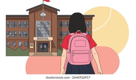 Girl Walking Toward High School Building With Pink Backpack Ready For Academic Journey