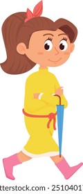 Girl walking with umbrella. Autumn cartoon child character