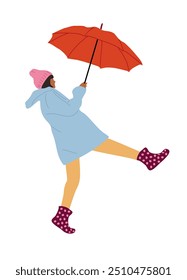 Muchacha que camina con el paraguas en Clima lluvioso. Mujer joven que sostiene la sombrilla en la lluvia caliente y fría, ducha. Personaje femenino en la calle en aguacero. Ilustración vectorial plana aislada sobre fondo blanco