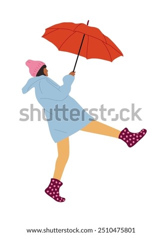 Girl walking with umbrella in rainy weather. Young woman holding parasol in warm and cold rain, shower. Female Character on street in downpour. Flat vector illustration isolated on white background